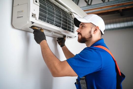 HVAC technician installing a mini split air conditioner in Wheat Ridge