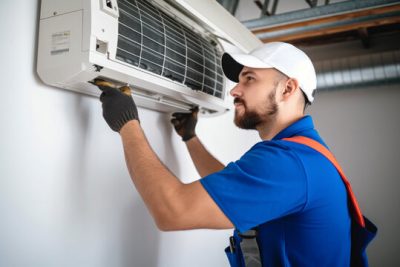 360_F_621046421_Vcay4nYa8ozdeodOQVDfES6MRrC6N3b8 Air conditioning technician servicing a wall-mounted AC unit in Wheat Ridge, CO